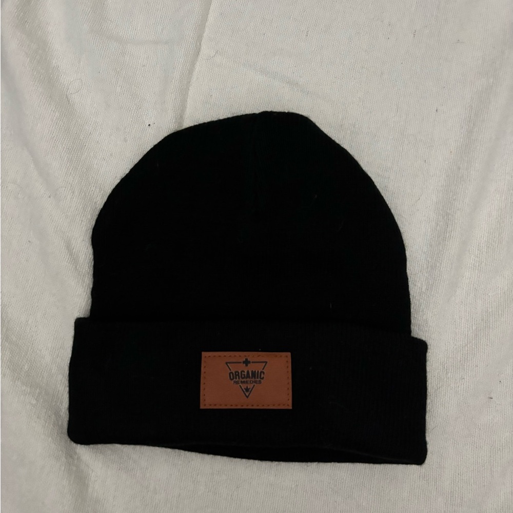 Organic Remedies Black Beanie with Tan Leather Logo Patch